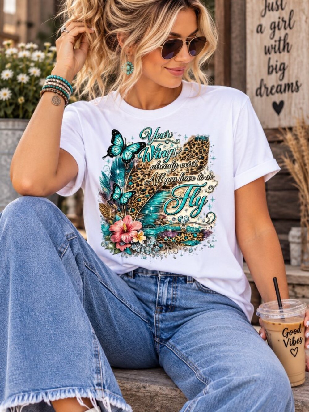 Graphic Shirt Inspirational Wings Trendy Short Sleeve Tee Womens Tops White
